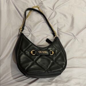 Guess Quilted Black Shoulder Bag with Gold Chain